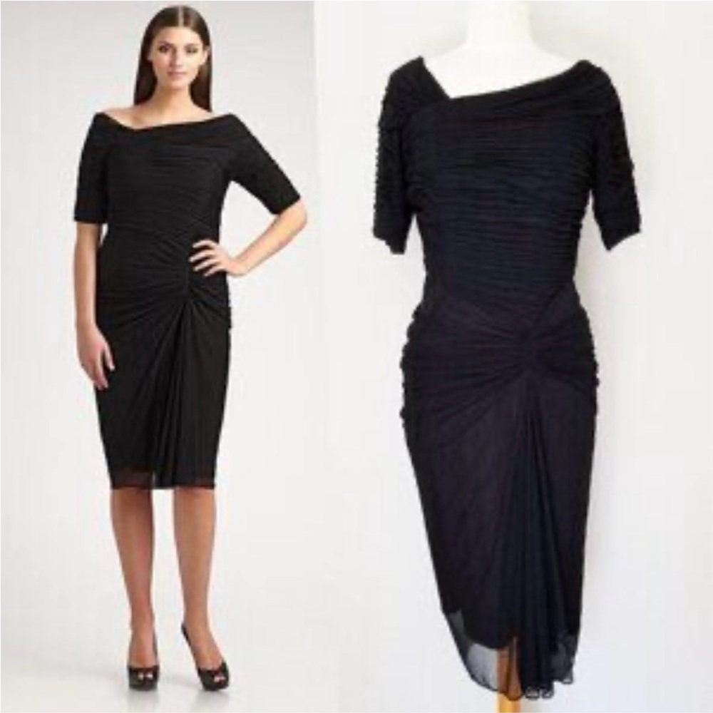 Tadashi Shoji Black Ruched Asymmetrical Midi Dress